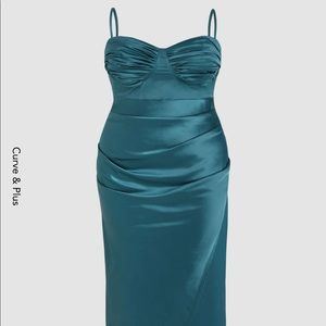 Curve & Plus Solid Satin Midi Dress Blue